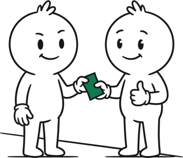 One hand-drawn figure hands a green slip to another, who gives a thumbs up.