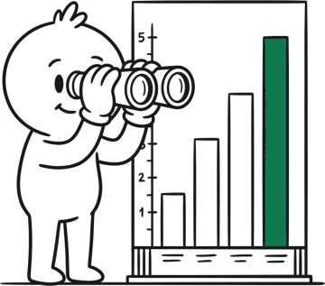 A hand-drawn figure looking through binoculars at a bar chart, one bar green.