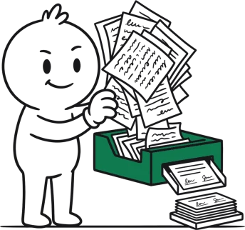 A hand-drawn figure tipping a stack of spreadsheets into a tray.
