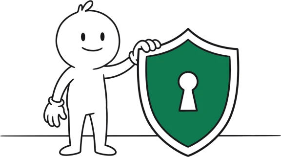 A hand-drawn figure standing beside a tall green shield with a keyhole, one hand resting on its rim.