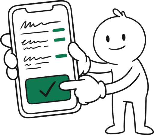 A hand-drawn figure holding out a phone showing a filled-in timesheet, pressing a green button with a tick.
